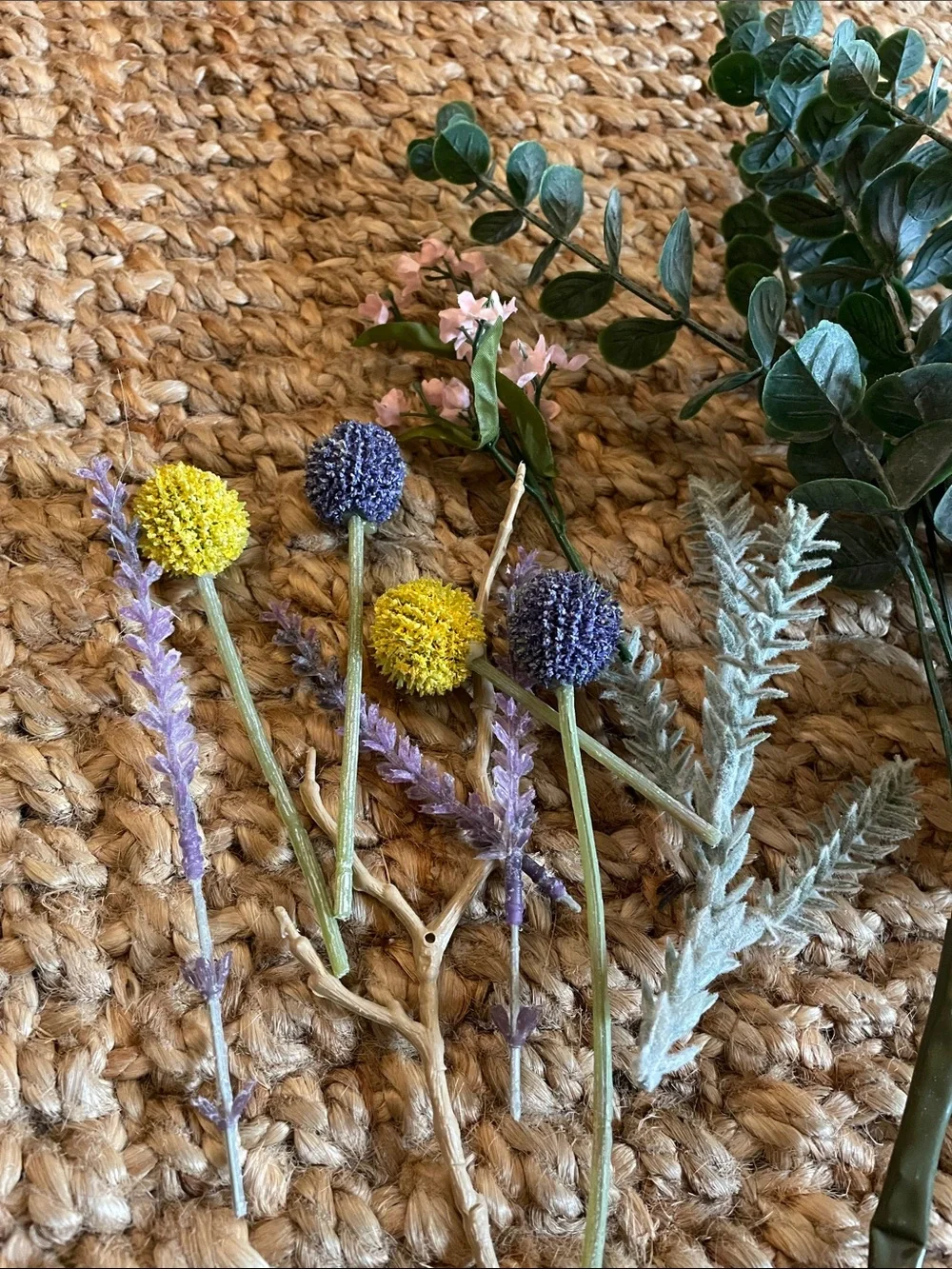 Artificial Eucalyptus & Mixed Wildflower Bouquet - Green, White, Yellow, Purple